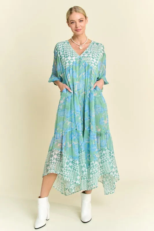 Davi & Dani Geo and Floral Print Mixed Tiered Dress