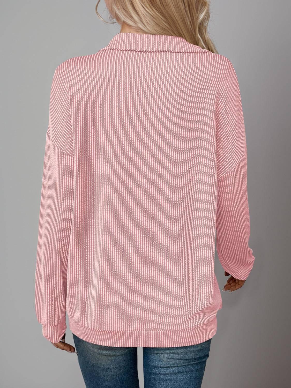 Double Take Striped Half Zip Long Sleeve T-Shirt - Clothes For Her Online Store