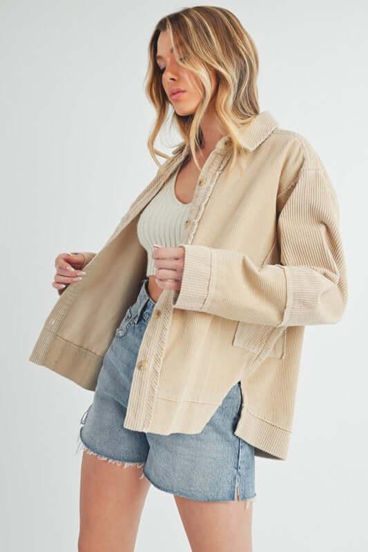 Aemi + Co Side Slit Exposed Seam Button Up Corduroy Jacket - Clothes For Her Online Store