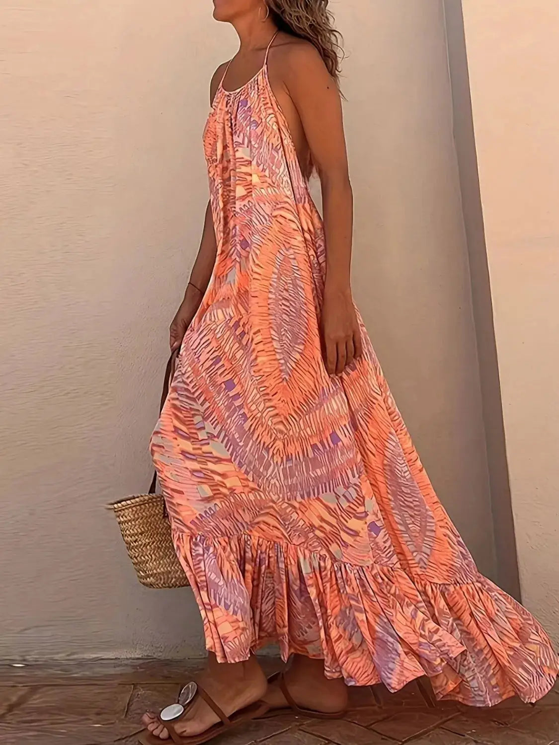 Backless Printed Halter Neck Maxi Cami Dress - Clothes For Her Online Store