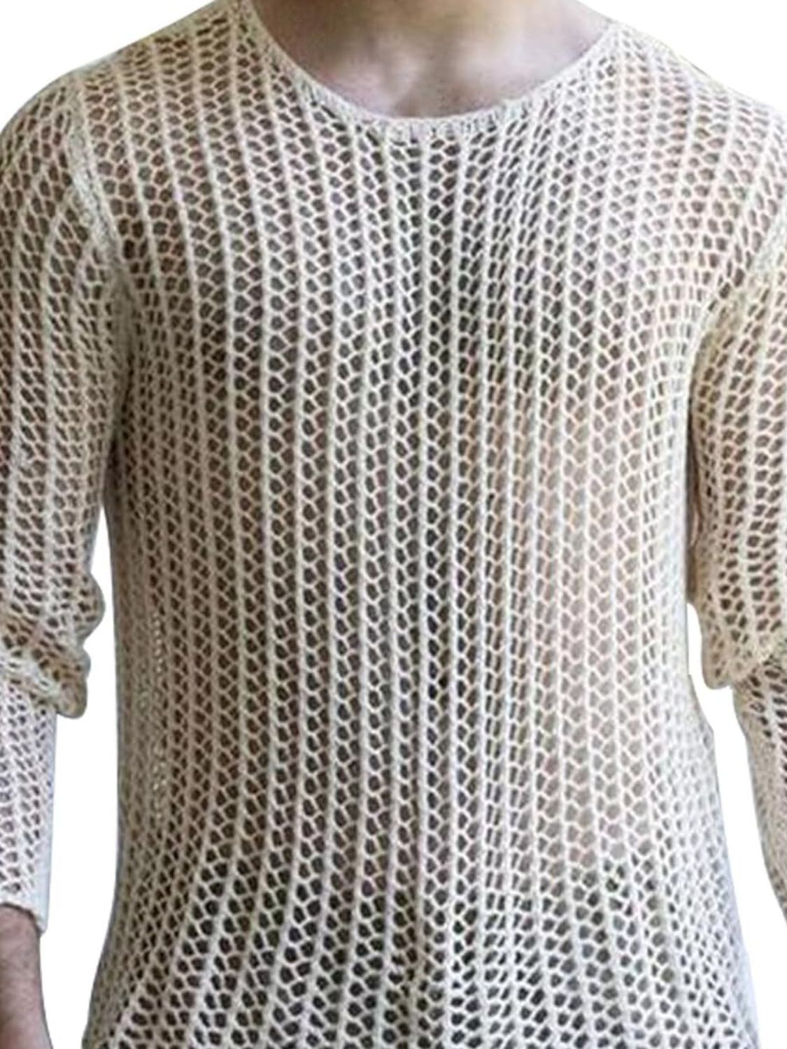 Men's Full Size Hollow Out Round Neck Long Sleeve Top Plus Size - Clothes For Her Online Store