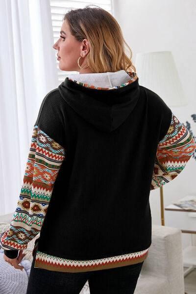Plus Size Waffle-Knit Geometric Dropped Shoulder Hoodie - Clothes For Her Online Store