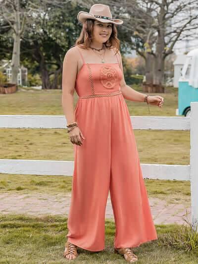 Plus Size Lace Detail Spaghetti Strap Wide Leg Jumpsuit - Clothes For Her Online Store