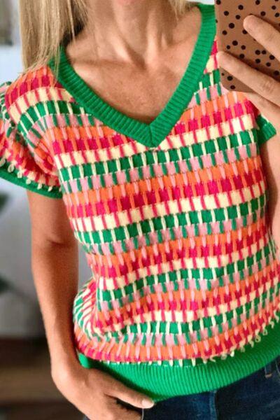 Contrast Striped V-Neck Knit Top - Clothes For Her Online Store