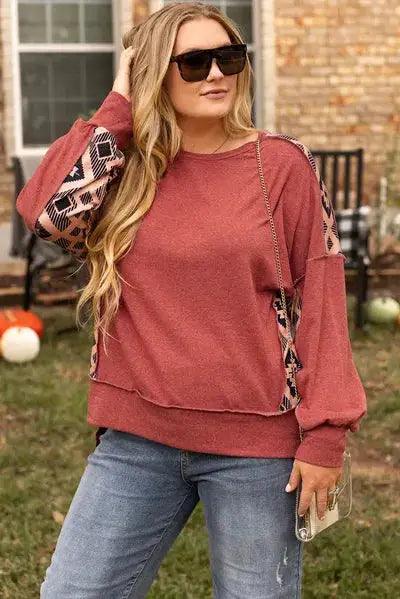 Plus Size Geometric Round Neck Long Sleeve Sweatshirt - Clothes For Her Online Store