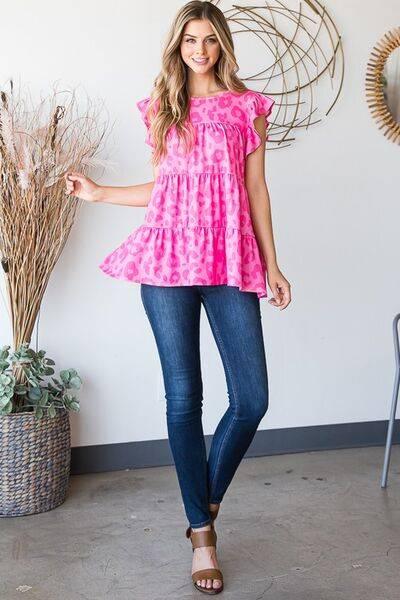 Heimish Full Size Tiered Leopard Round Neck Blouse with Ruffled Detail Plus Size - Clothes For Her Online Store