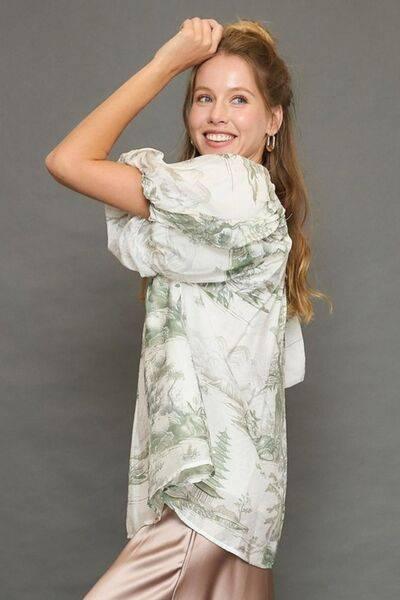 Umgee Full Size Two Tone Toile Print Top Plus Size - Clothes For Her Online Store