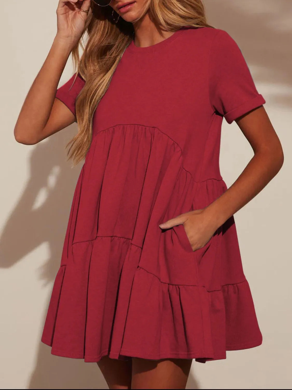 Tiered Round Neck Short Sleeve Mini Dress