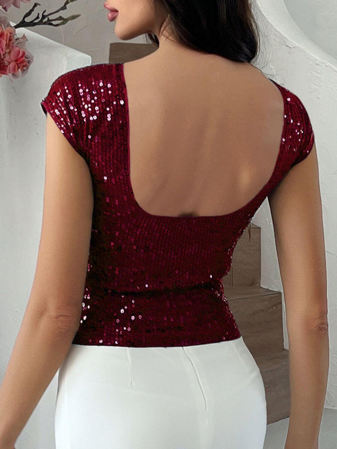 Devine Sequin Round Neck Backless T-Shirt - Clothes For Her Online Store