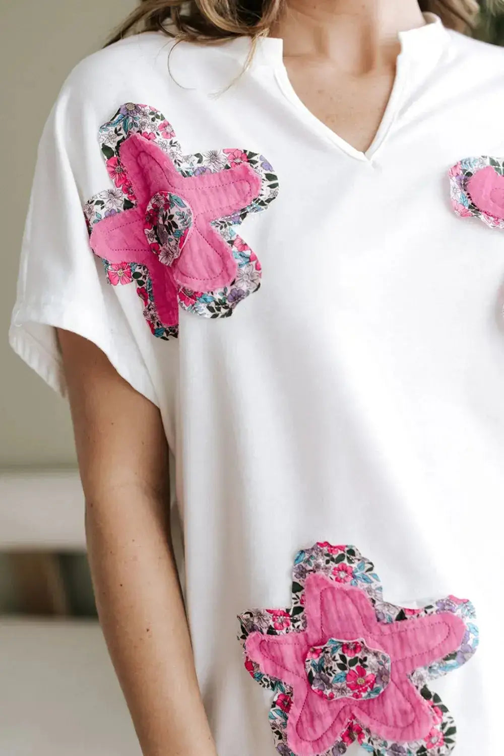 Floral Applique Notched Dolman Sleeve Top - Clothes For Her Online Store