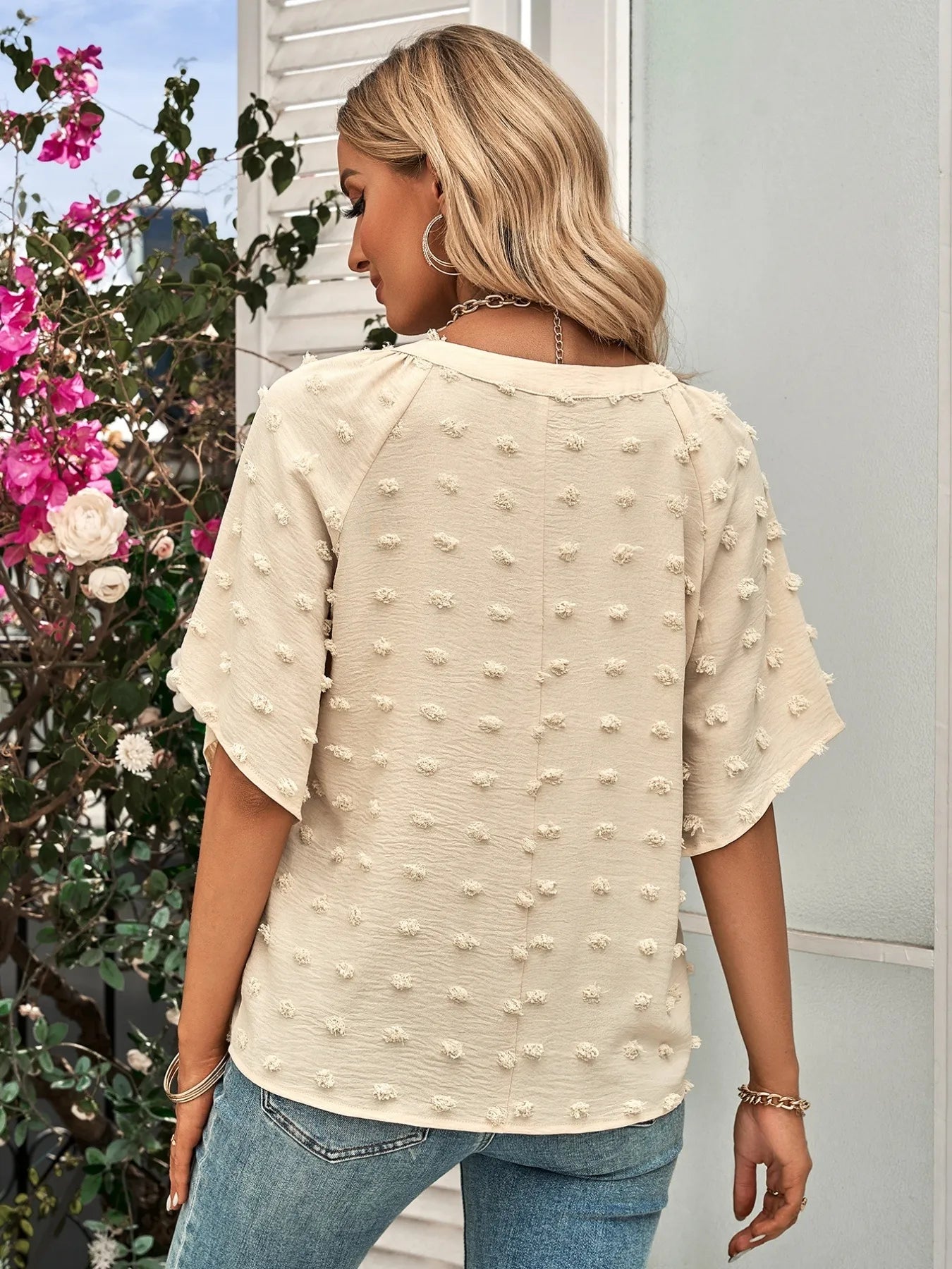 Swiss Dot Notched Half Se Blouse