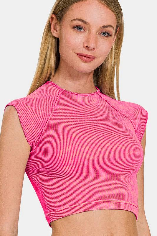 Zenana Ribbed Round Neck Cropped Top - Clothes For Her Online Store