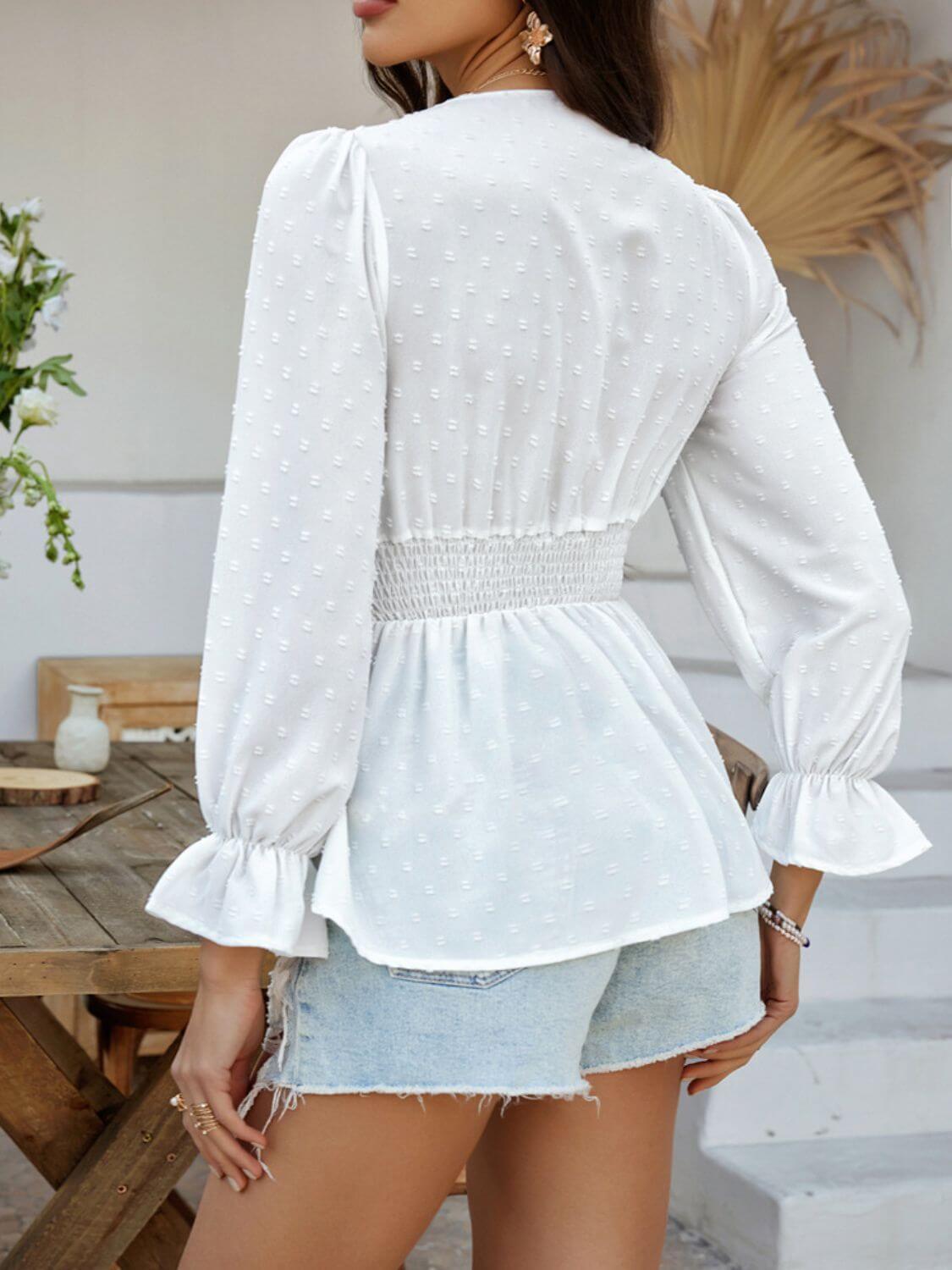 Devine Swiss Dot Lace Detail Surplice Flounce Sleeve Blouse - Clothes For Her Online Store