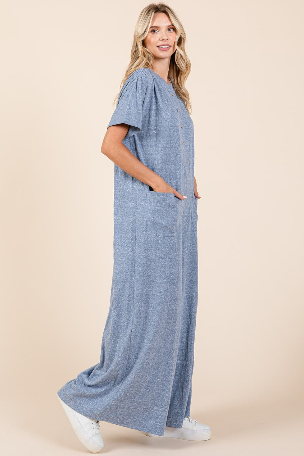 Mittoshop Button Detail Short Sleeve Wide Leg Jumpsuit - Clothes For Her Online Store