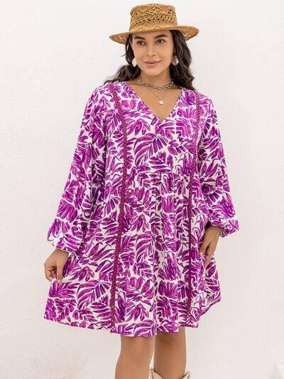 Plus Size Printed V-Neck Balloon Sleeve Mini Dress - Clothes For Her Online Store