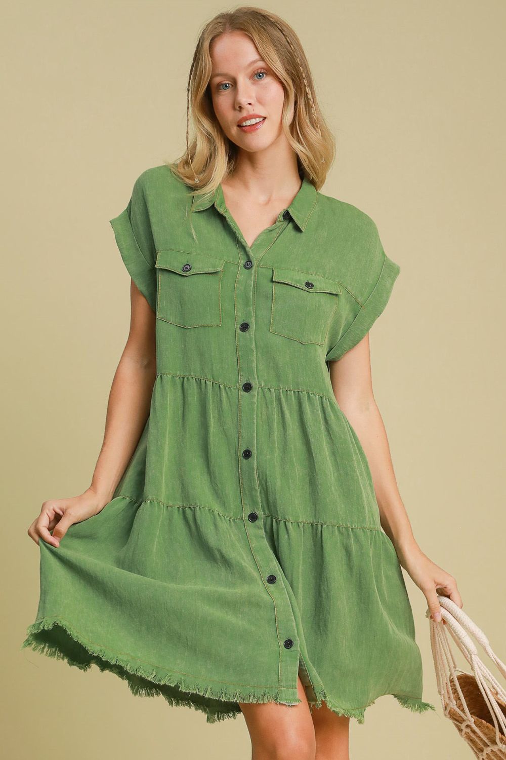 Umgee Full Size Frayed Hemline Button Down Shirt Dress Plus Size - Clothes For Her Online Store