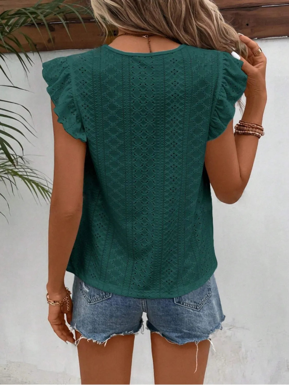 Eyelet Round Neck Cap Sleeve Top