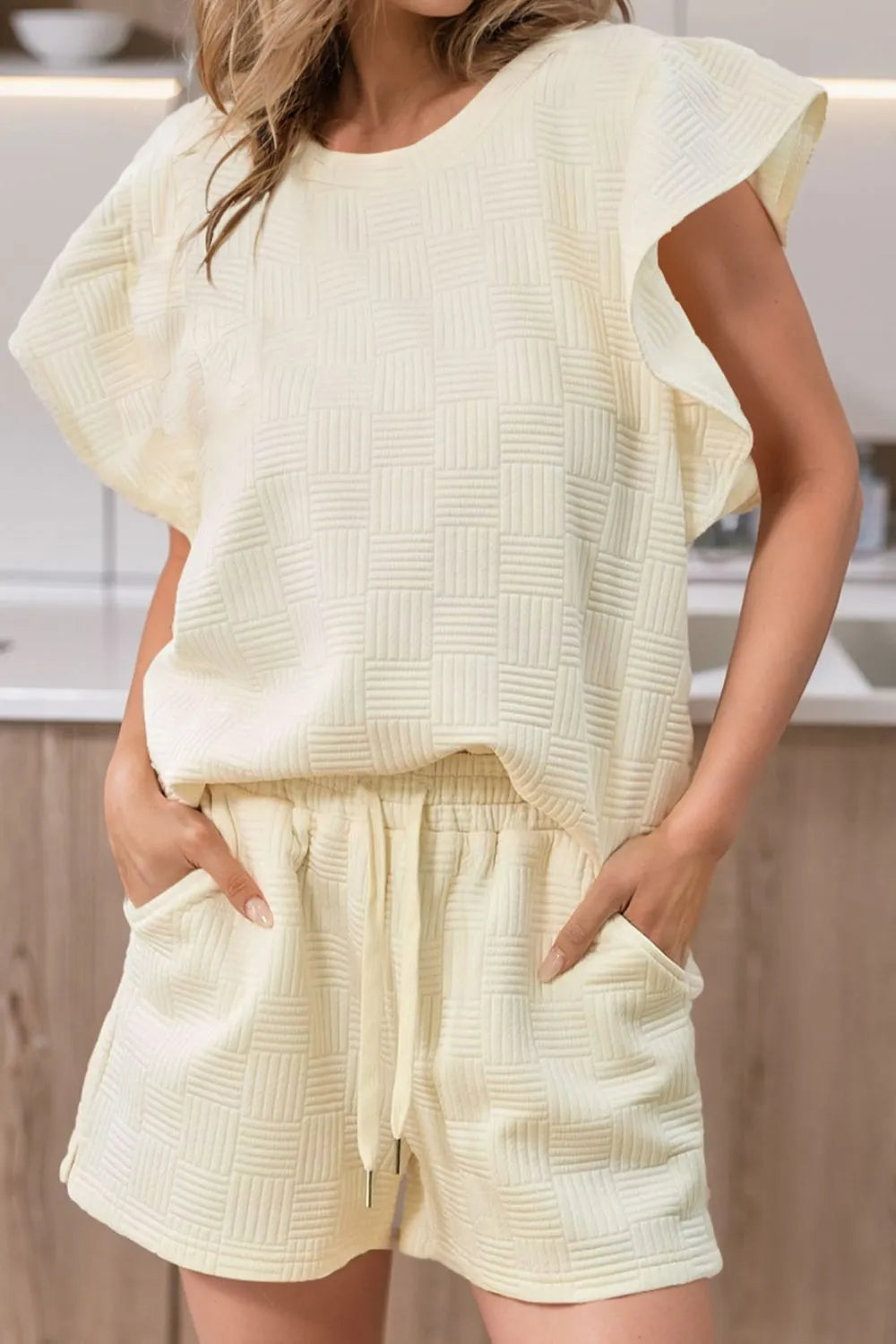 Ruffled Round Neck Top and Drawstring Shorts Set - Clothes For Her Online Store