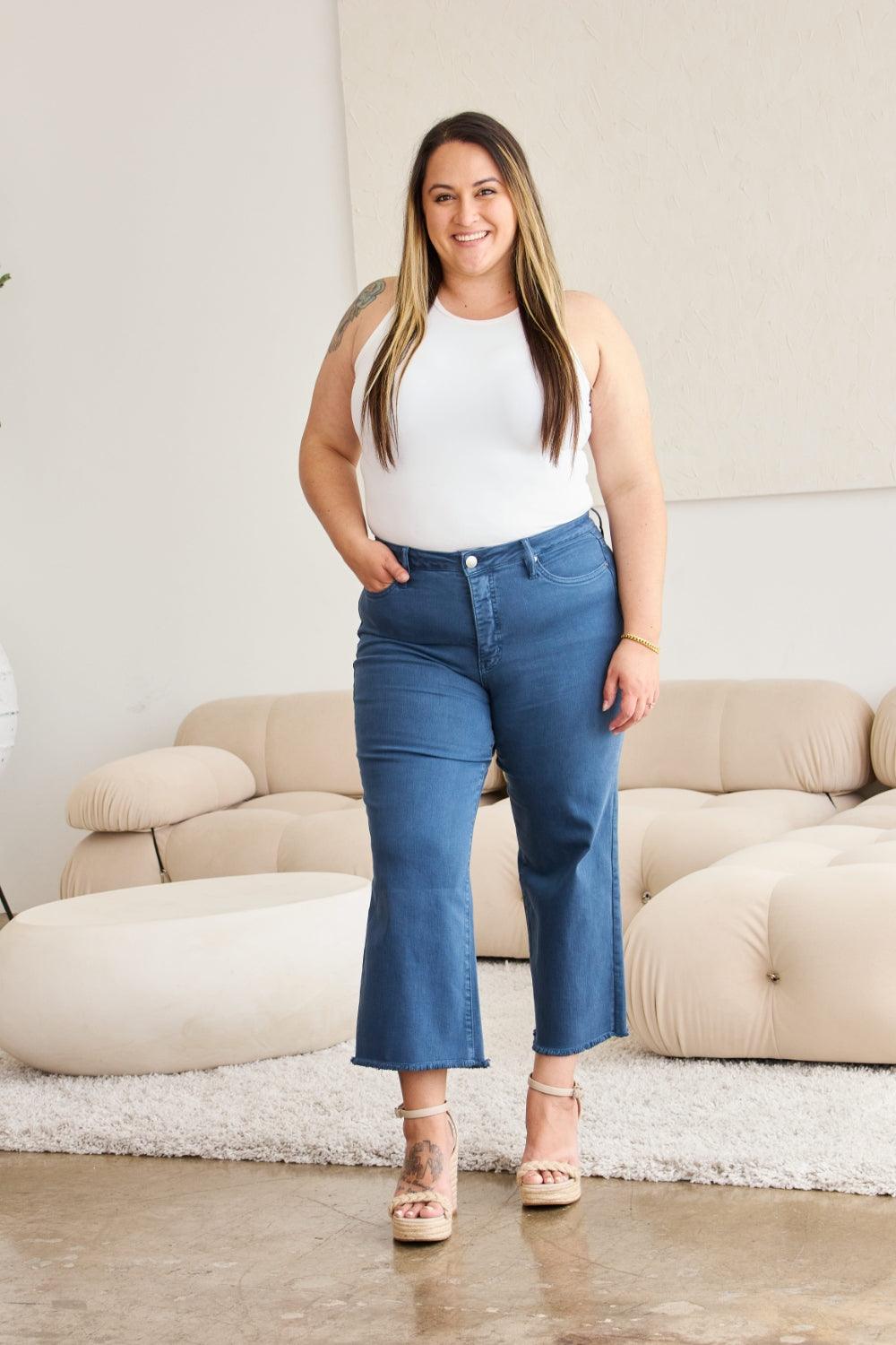 RFM Crop Chloe Full Size Tummy Control High Waist Raw Hem Jeans - Clothes For Her Online Store
