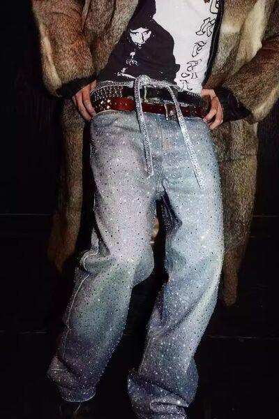 Men's Washed Rhinestone Jeans with Rhinestone Belt - Clothes For Her Online Store