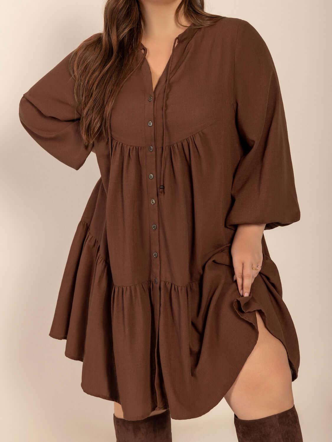 Plus Size Tie Neck Balloon Sleeve Tiered Dress - Clothes For Her Online Store