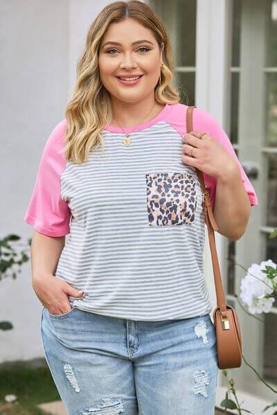 Plus Size Striped Leopard Round Neck T-Shirt - Clothes For Her Online Store