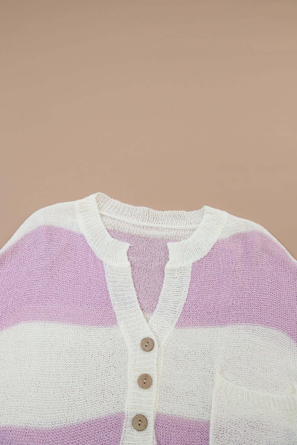 Striped Half Button Ribbed Sweater - Clothes For Her Online Store