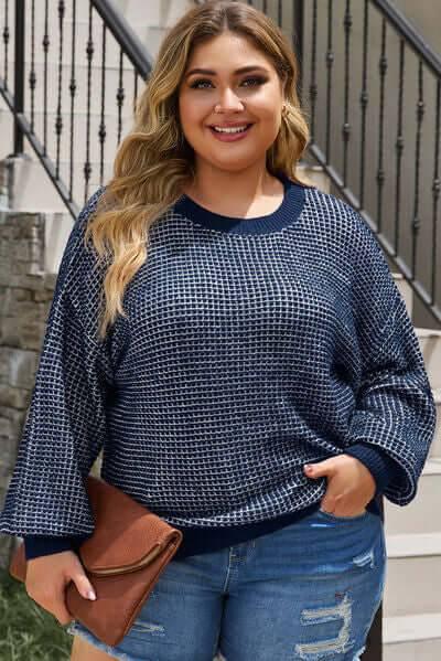 Plus Size Waffle-Knit Round Neck Dropped Shoulder Sweater - Clothes For Her Online Store