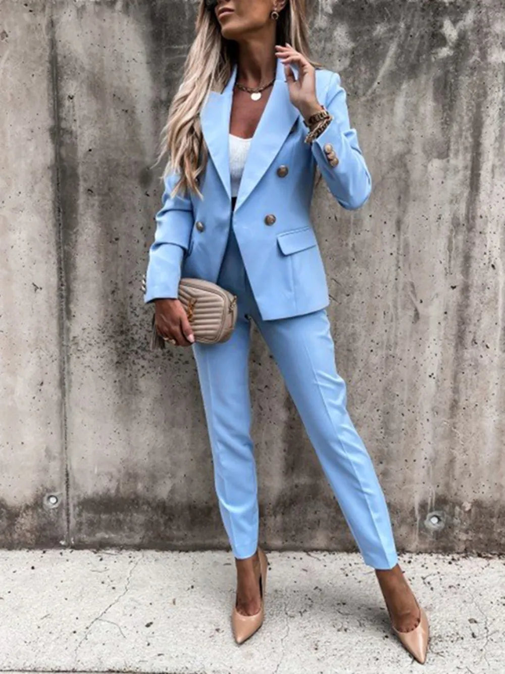 Lapel Collar Long Sleeve Blazer and Pants Set - Clothes For Her Online Store