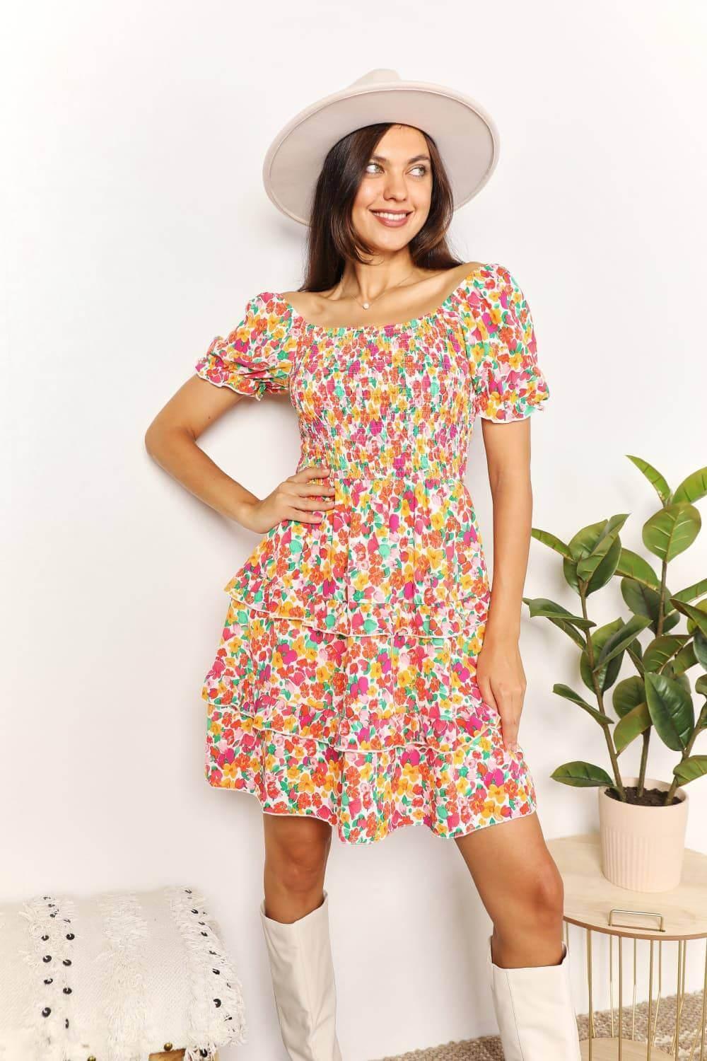 Devine Smocked Sweetheart Neck Flounce Sleeve Mini Dress - Clothes For Her Online Store
