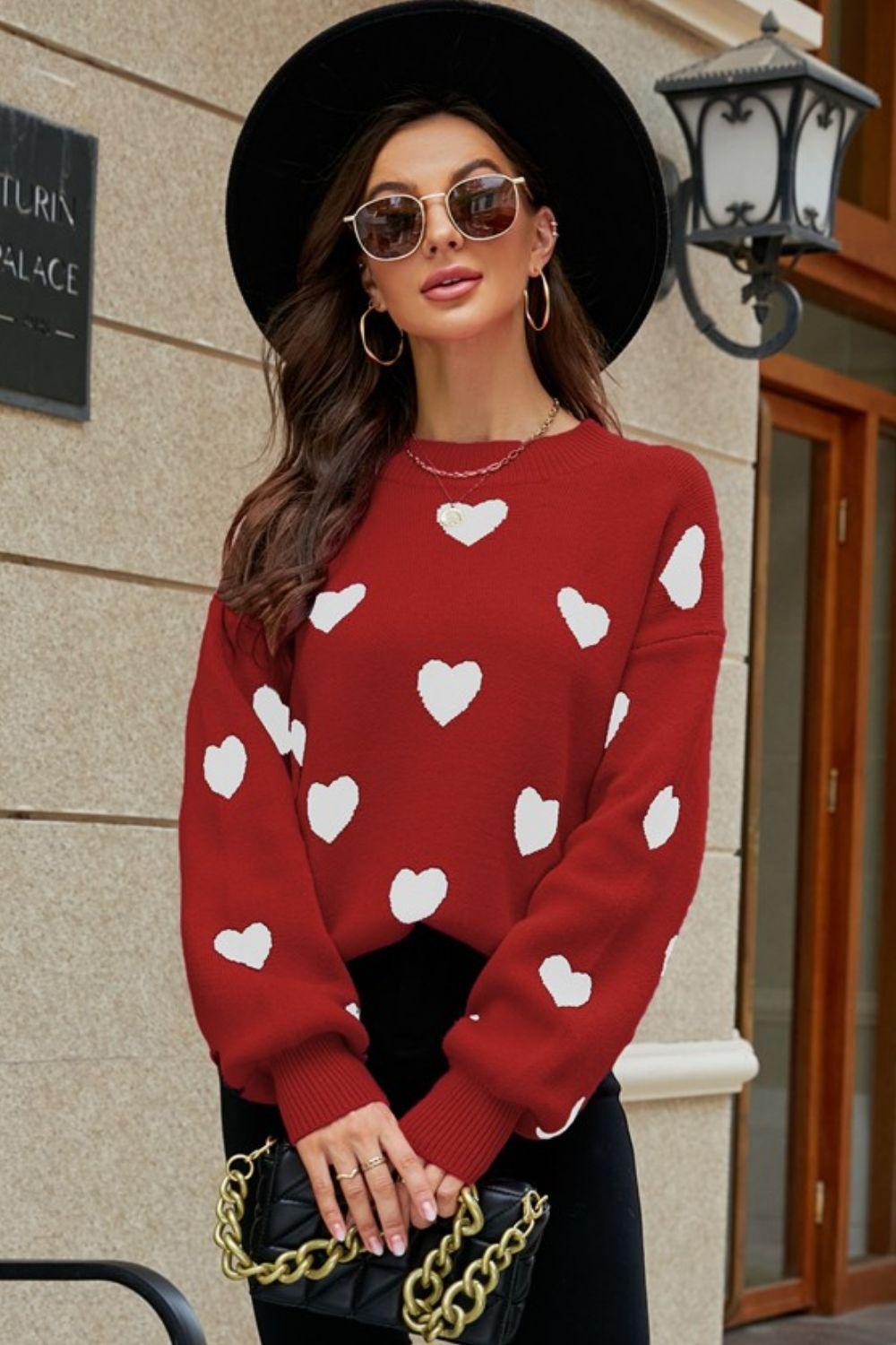 Woven Right Heart Pattern Lantern Sleeve Round Neck Tunic Sweater - Clothes For Her Online Store