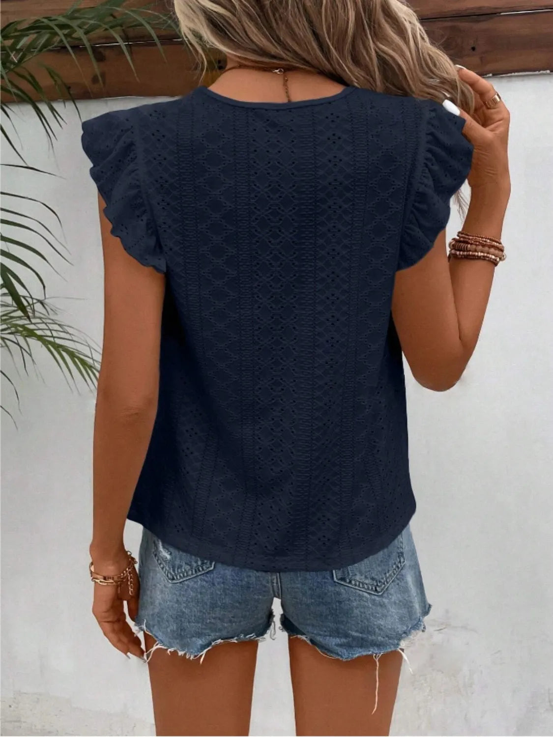 Eyelet Round Neck Cap Sleeve Top