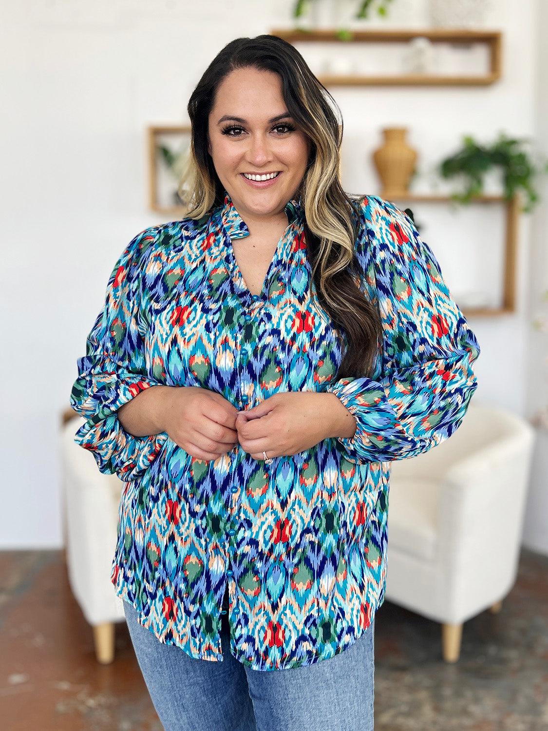 Double Take Full Size Printed Balloon Sleeve Blouse - Clothes For Her Online Store