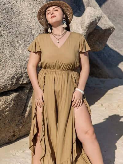 Plus Size Slit Ruffled V-Neck Jumpsuit - Clothes For Her Online Store