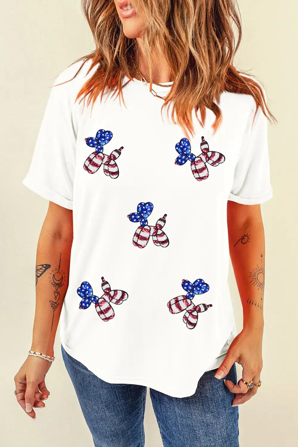 Sequin Stars and Stripes Balloon Puppy Graphic Crewneck Tee