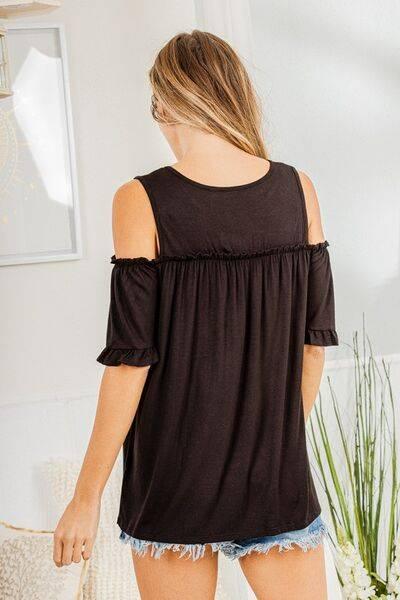 Heimish Full Size Frill Round Neck Cold Shoulder T-Shirt Plus Size - Clothes For Her Online Store