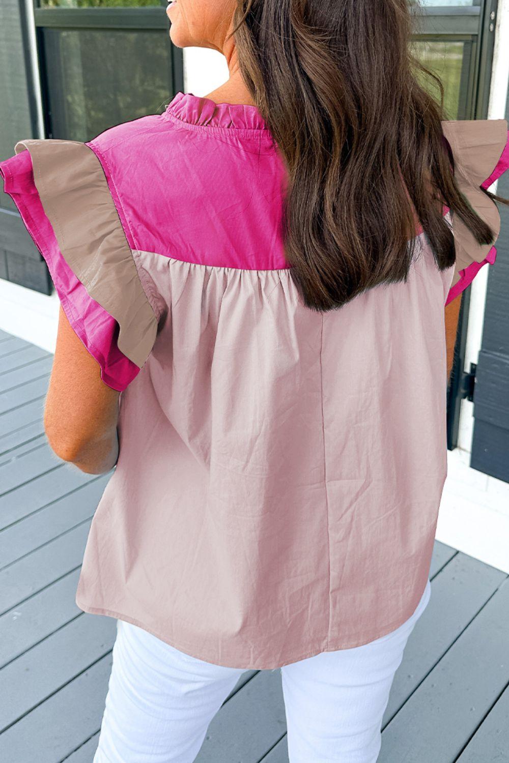 Color Block Notched Ruffled Cap Sleeve Blouse - Clothes For Her Online Store