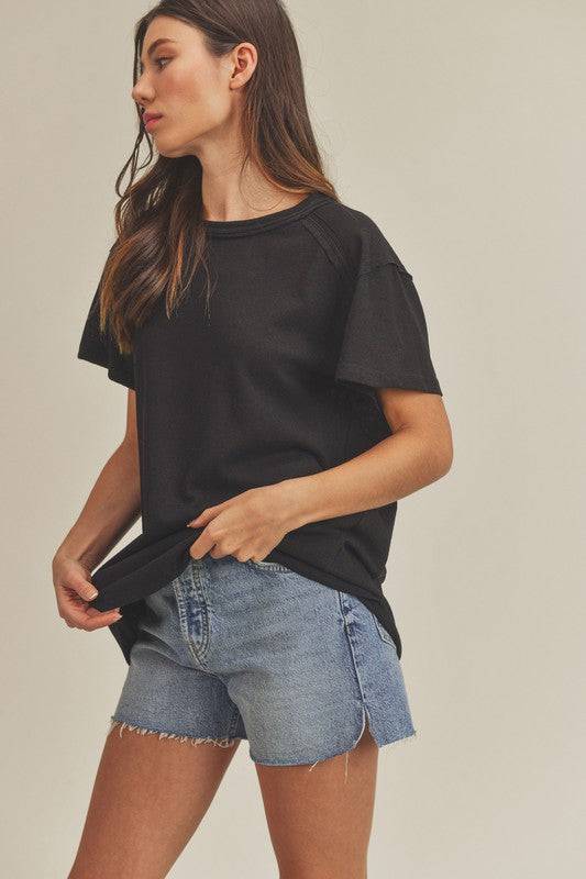 Aemi + Co Exposed Seam Round Neck Short Sleeve T-Shirt - Clothes For Her Online Store