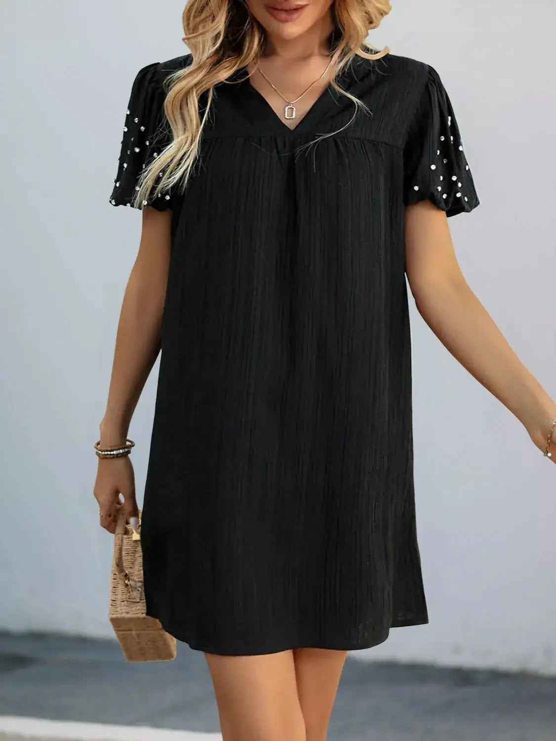 Textured V-Neck Short Sleeve Mini Dress - Clothes For Her Online Store