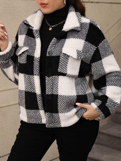 Plus Size Pocketed Plaid Collared Neck Jacket - Clothes For Her Online Store