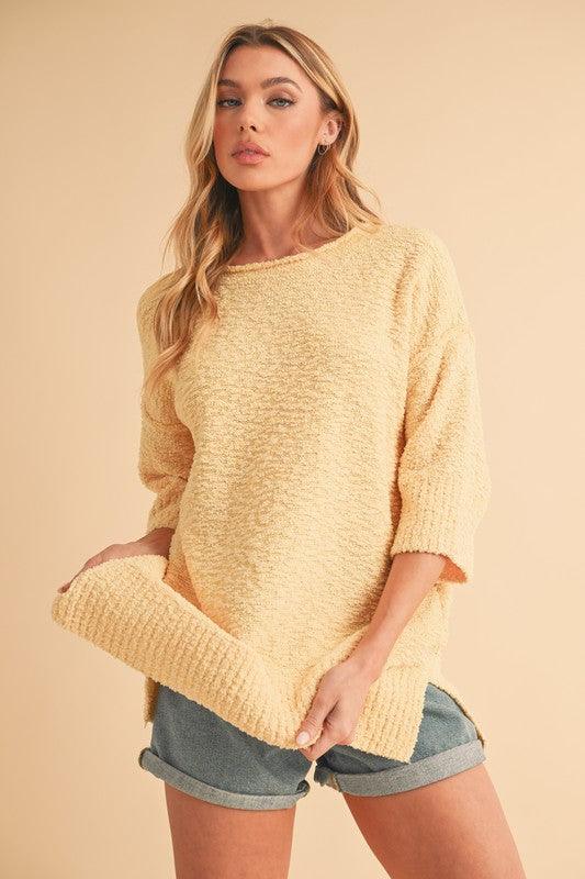 Aemi + Co Side Slit Ribbed Hem Round Neck Sweater - Clothes For Her Online Store