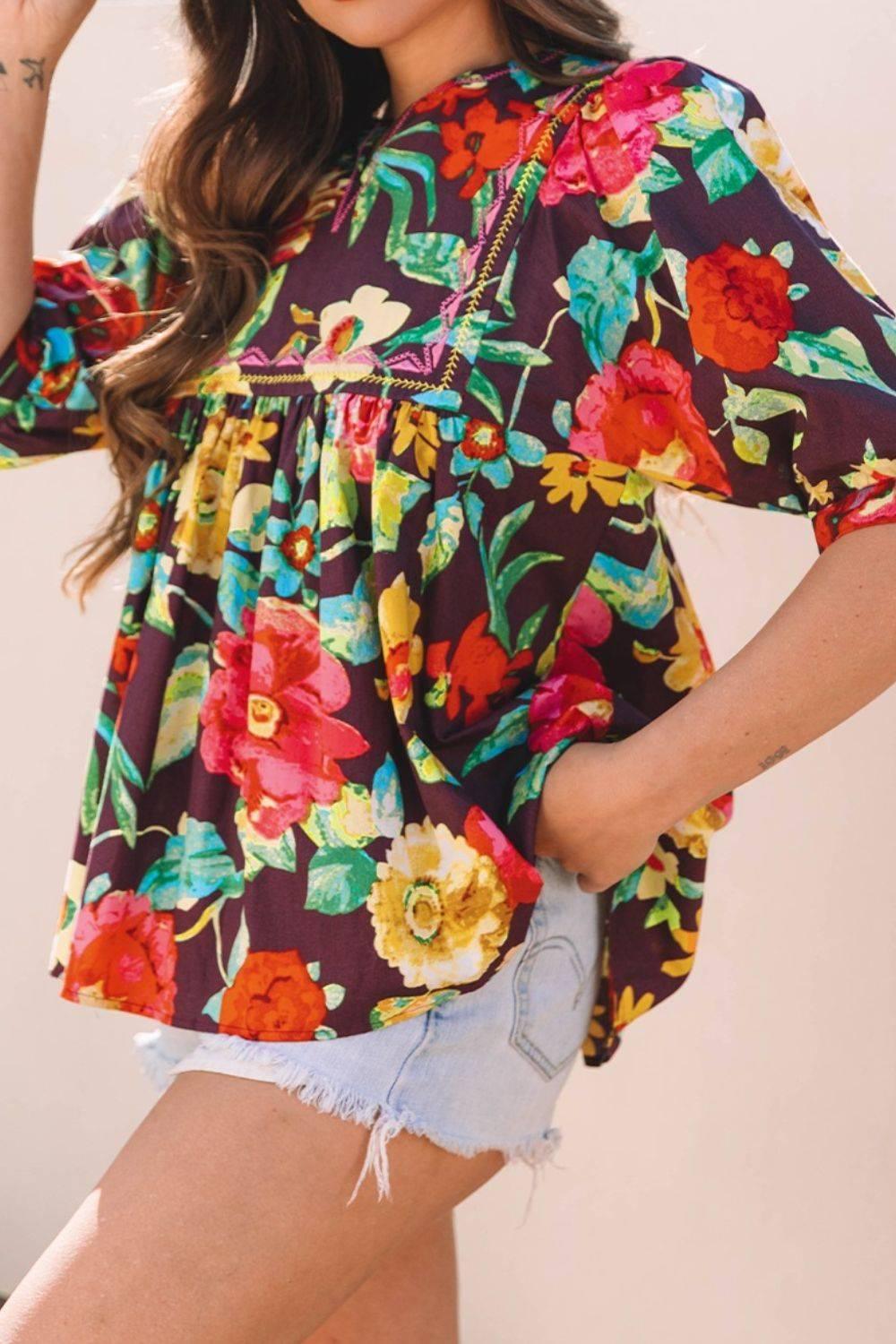 Flower Embroidered Trim Half Sleeve Blouse - Clothes For Her Online Store