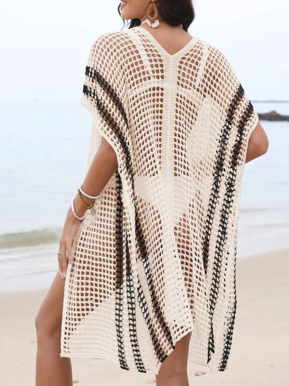 Open Front Contrast Openwork Cover-Up