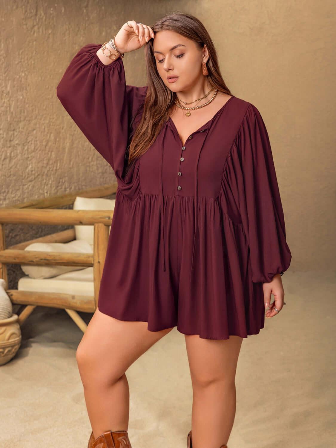 Plus Size Tie Neck Balloon Sleeve Romper - Clothes For Her Online Store