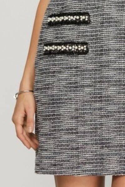She + Sky Full Size Short Sleeve Pearl Studded Trim Knit Tweed Dress Plus Size - Clothes For Her Online Store