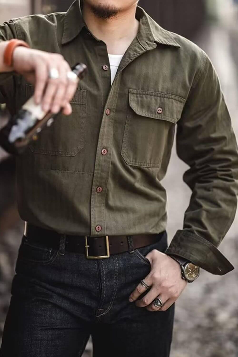 Men's Button Down Long Sleeve Shirt with Chest Pockets - Clothes For Her Online Store