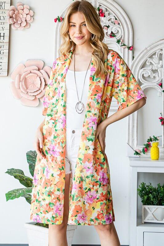 Heimish Full Size Half Sleeve Multi Color Floral Open Cardigan Plus Size - Clothes For Her Online Store