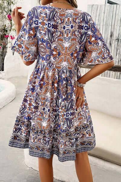 Devine Printed V-Neck Half Sleeve Mini Dress - Clothes For Her Online Store