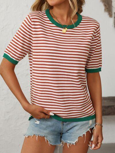 Mandy Striped Round Neck Half Sleeve Knit Top - Clothes For Her Online Store
