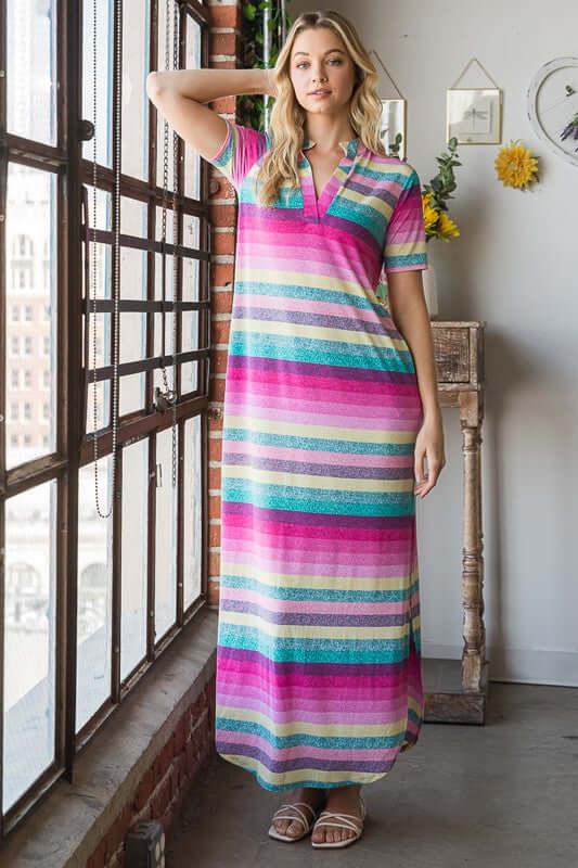 Heimish Full Size Striped Short Sleeve Maxi Tee Dress Plus Size - Clothes For Her Online Store